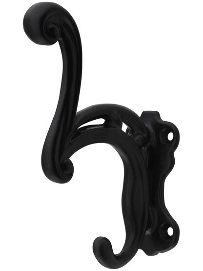 Scroll Style Cast-Iron Double Coat and Hat Hook in Matte Black.